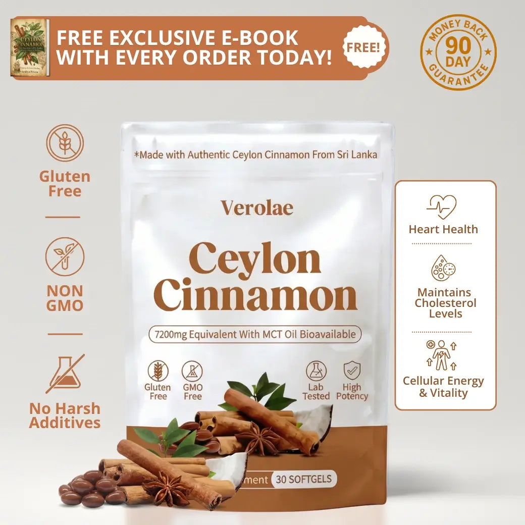 Verolae Ceylon Cinnamon pouch, 30 softgels, gluten free and non-GMO, with a free e-book offer