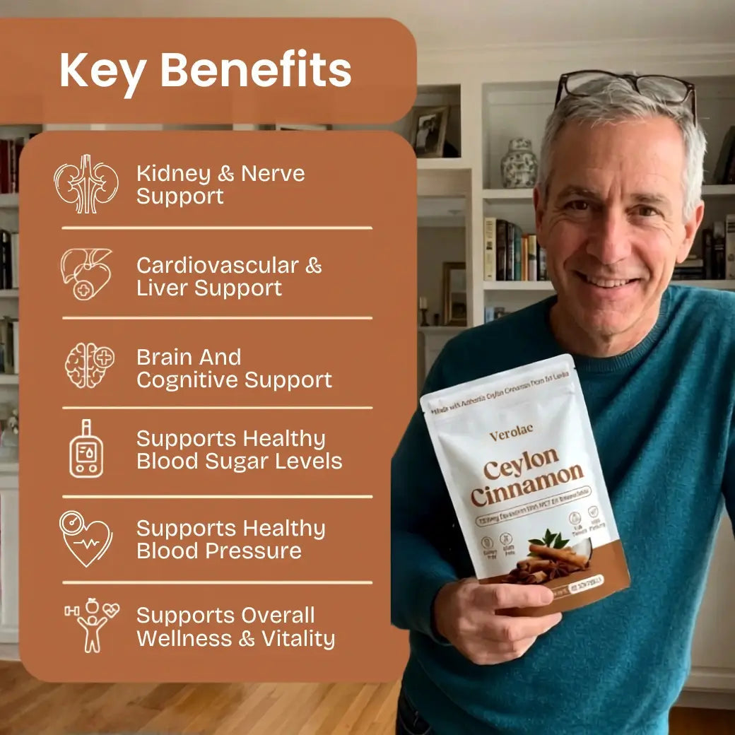 Key benefits of Verolae Ceylon Cinnamon, listed beside a customer holding the pouch