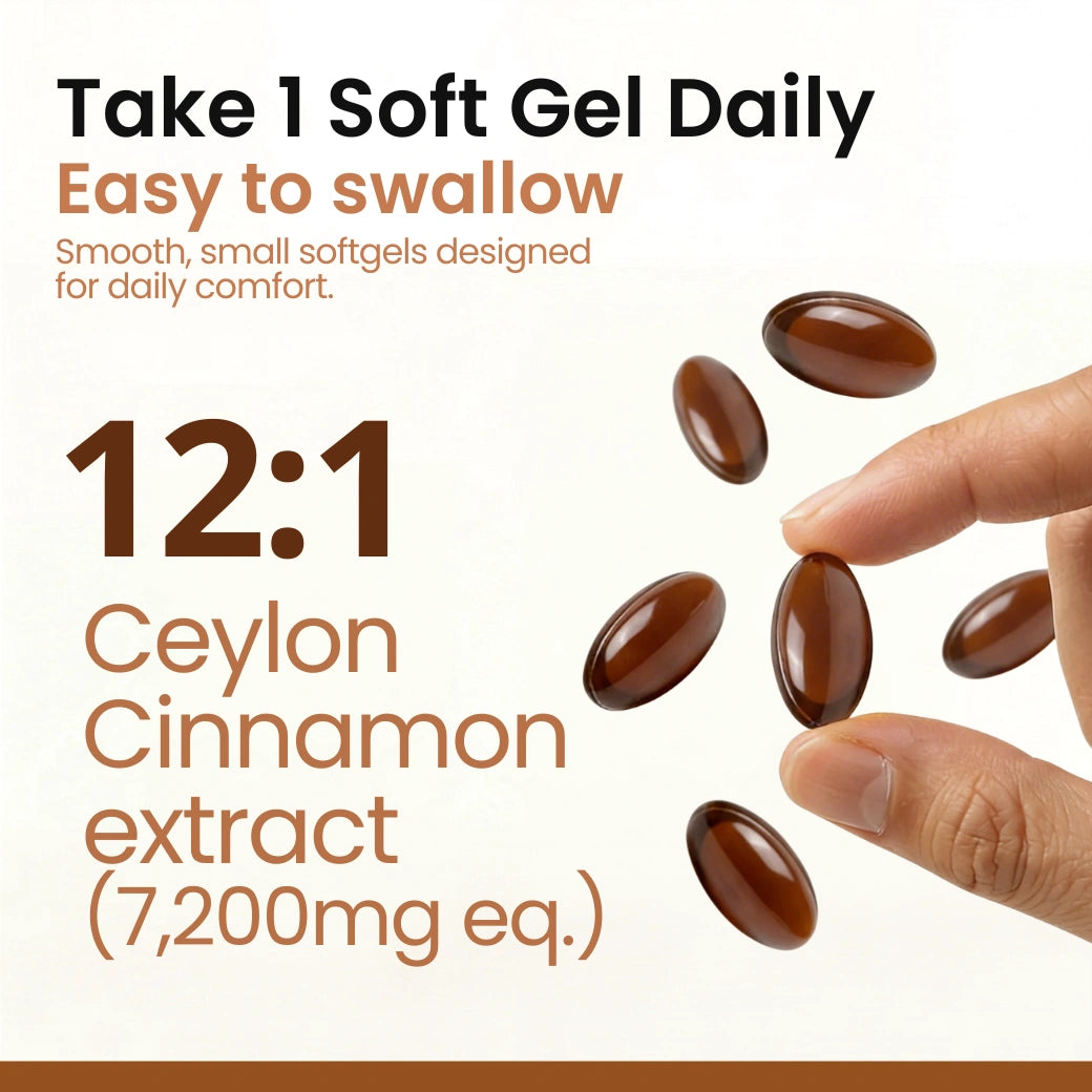 One easy-to-swallow softgel a day, a 12:1 Ceylon cinnamon extract equivalent to 7,200 mg
