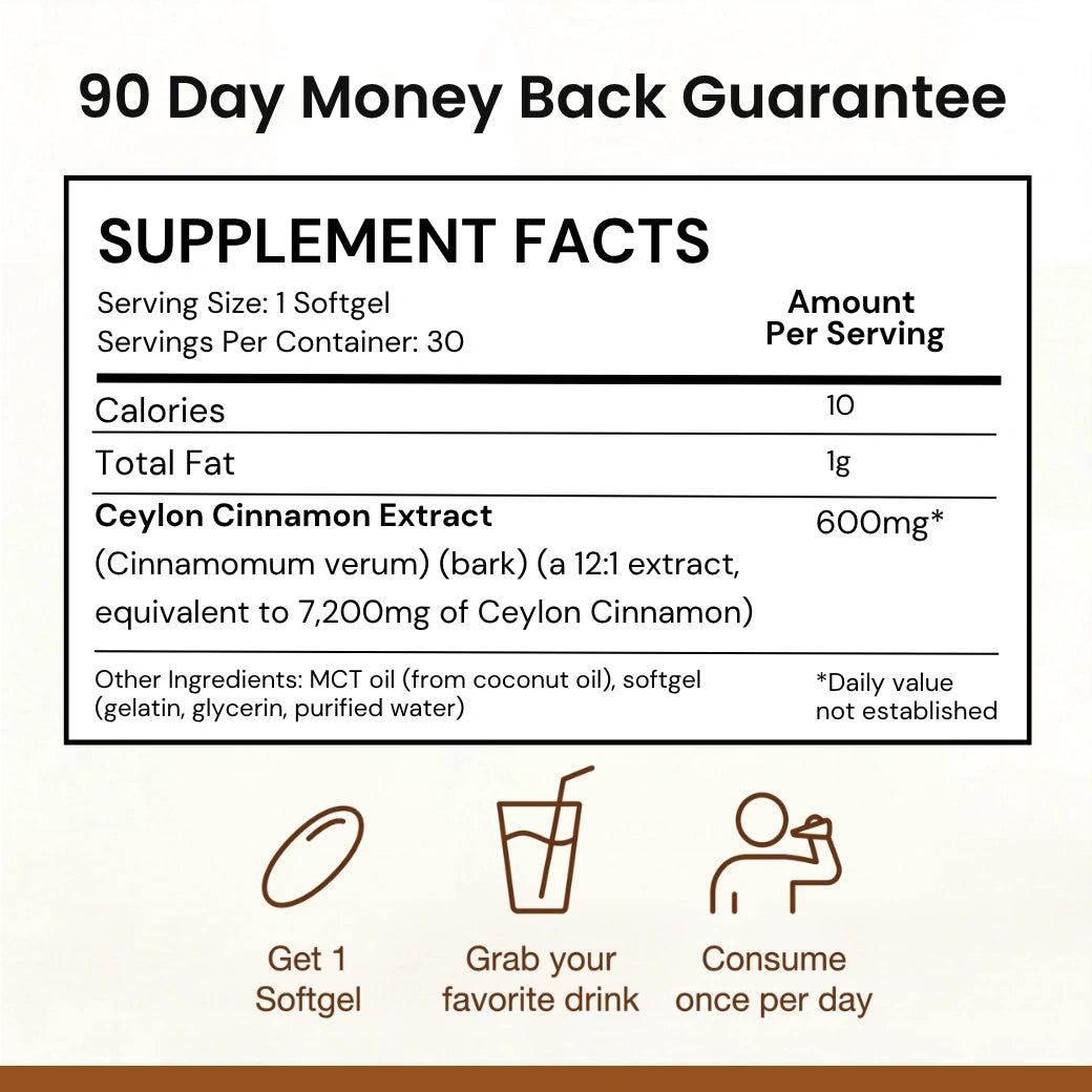 Verolae Ceylon Cinnamon supplement facts panel and 90-day money-back guarantee