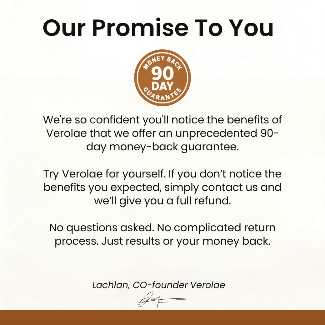 Verolae's 90-day money-back promise, signed by the co-founder